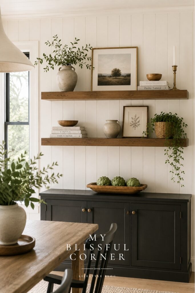 Shelf inspiration featuring floating wood shelves styled with framed artwork, greenery, pottery, books, and neutral home decor in a bright dining area.