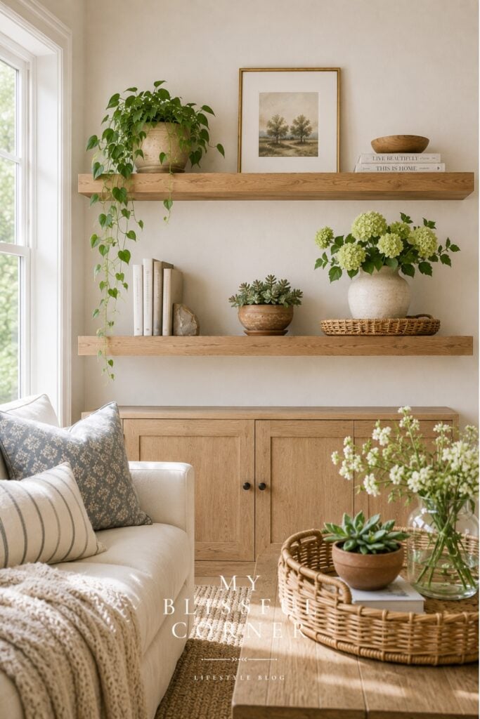 Shelf styling with floating wooden shelves decorated with greenery, books, pottery, framed artwork, and neutral living room decor.