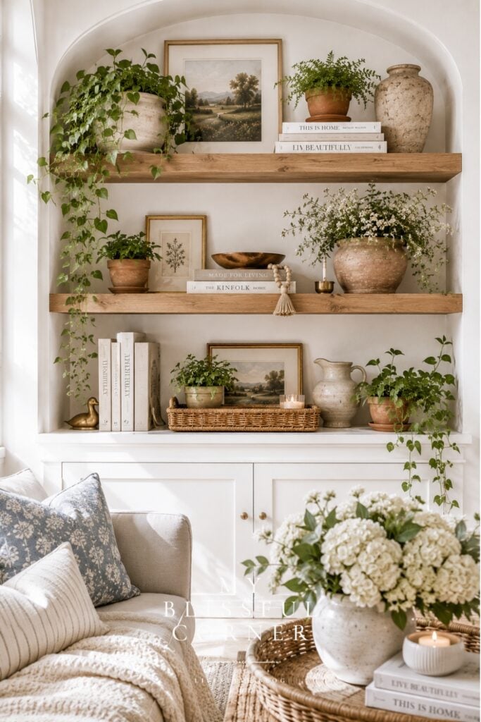 Living room shelf decor with floating wooden shelves styled with books, greenery, pottery, framed artwork, and neutral home accessories.