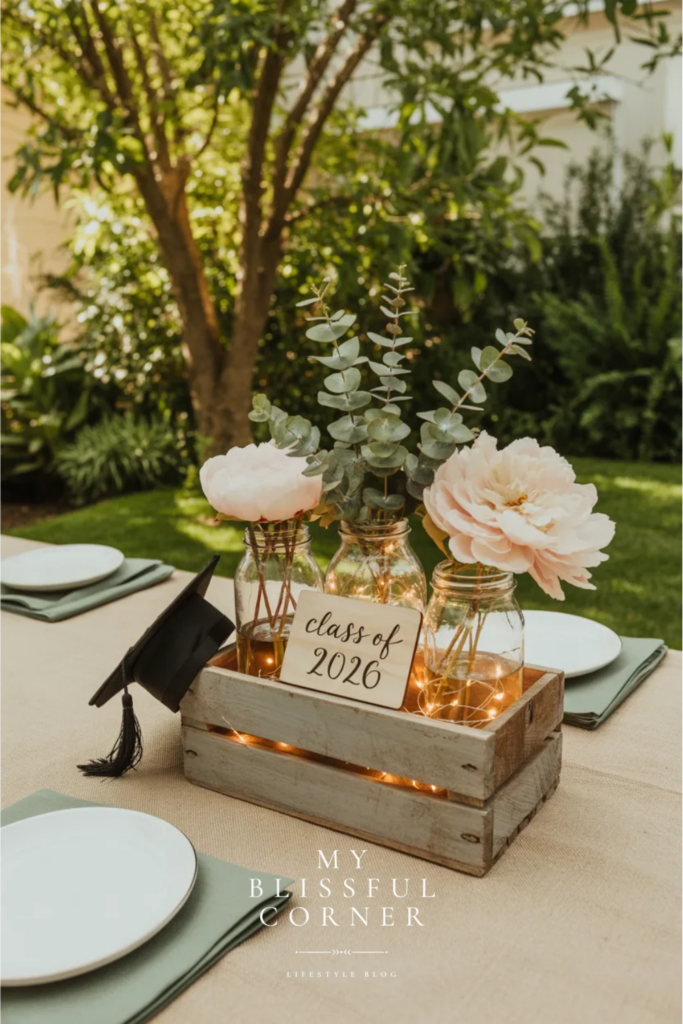 Rustic graduation centerpiece with flowers, greenery, a small crate, and a Class of 2026 sign on an outdoor table