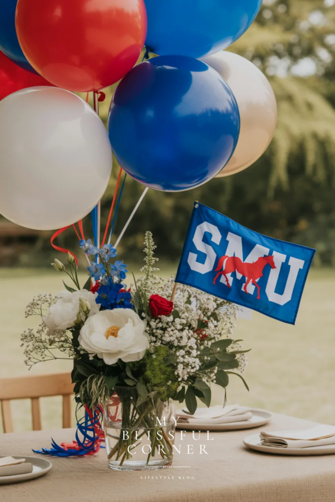 Graduation centerpiece with red, white, and blue balloons, white flowers, and an SMU sign in a floral arrangement