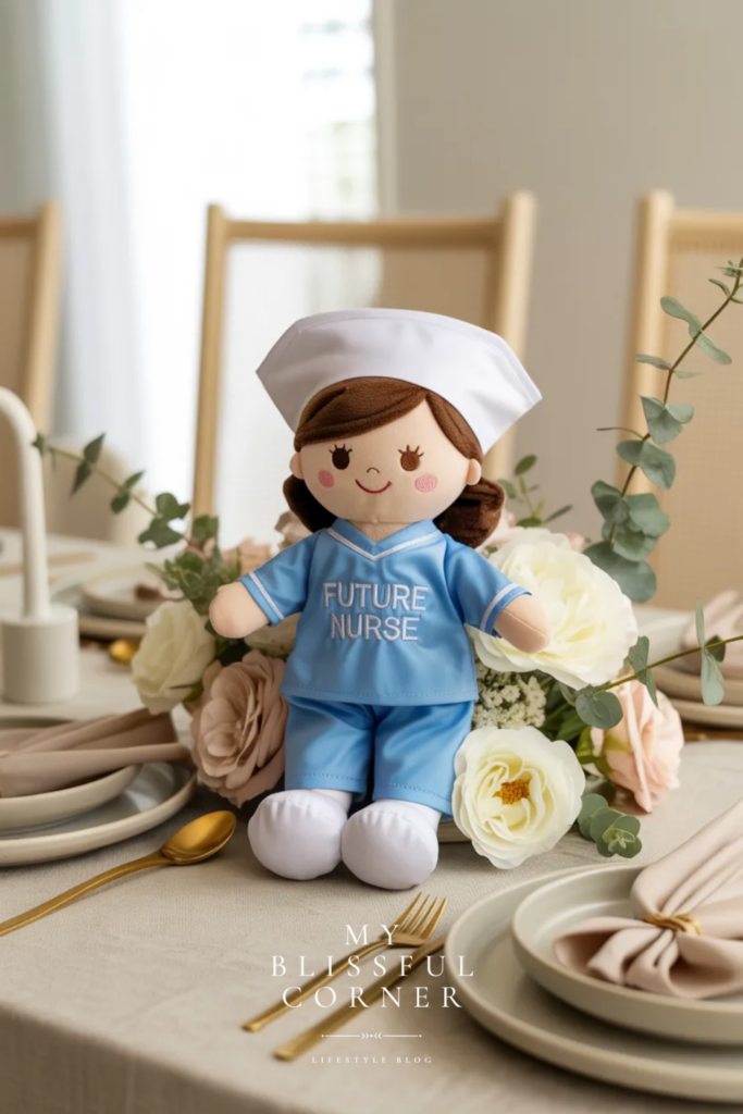 Graduation centerpiece with a nurse doll, white flowers, greenery, and future nurse graduation table decor