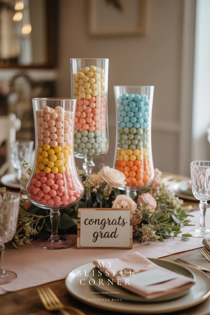 Graduation centerpiece with clear candy jars in pastel colors, florals, and a congrats grad sign on a table