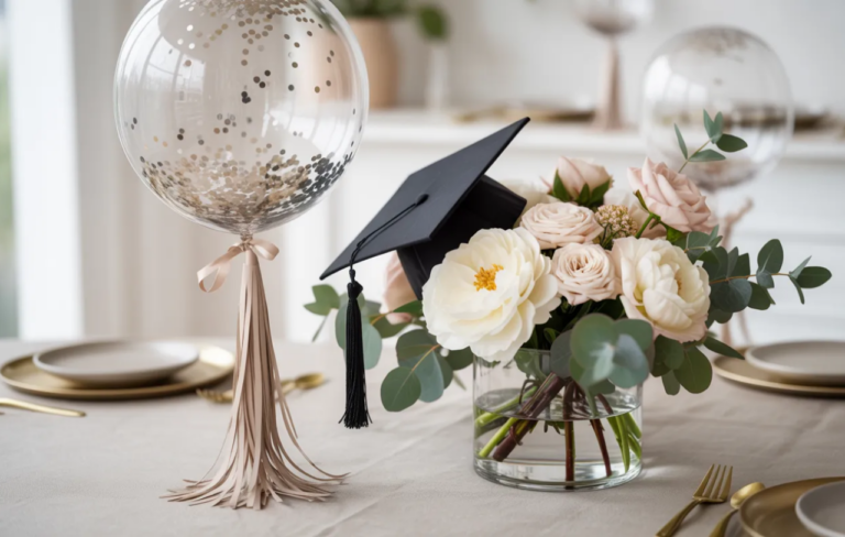 graduation centerpiece ideas with floral arrangement, glass vase, confetti balloon and graduation cap decor on table