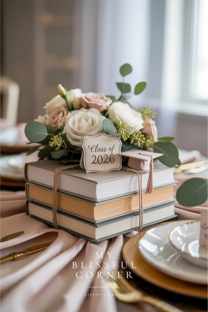 Graduation centerpiece made with stacked books, blush and white flowers, greenery, and a Class of 2026 tag