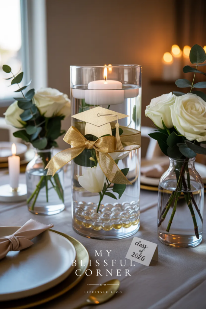 Elegant graduation centerpiece with a floating candle vase, gold ribbon, greenery, and a small graduation cap accent