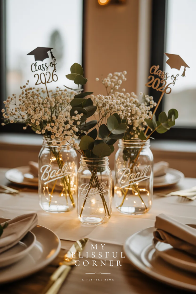 Simple graduation centerpiece with glass jars, baby’s breath, greenery, and Class of 2026 graduation cap toppers