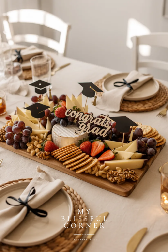 Graduation party table with a charcuterie board, mini graduation cap toppers, fruit, crackers, and congrats grad decor