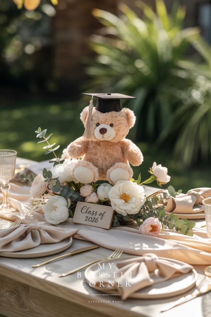 Cute graduation table centerpiece with a teddy bear in a cap, white flowers, and a Class of 2026 sign