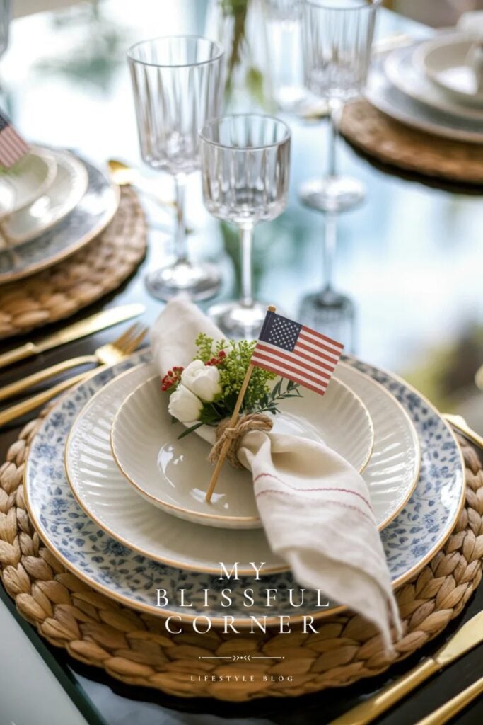 patriotic centerpieces with white flowers, greenery, and small american flags