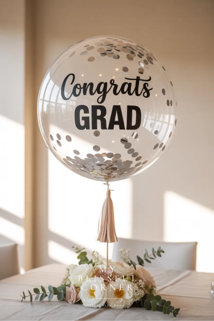 Graduation centerpiece with a clear congrats grad balloon, white flowers, and soft neutral table decor