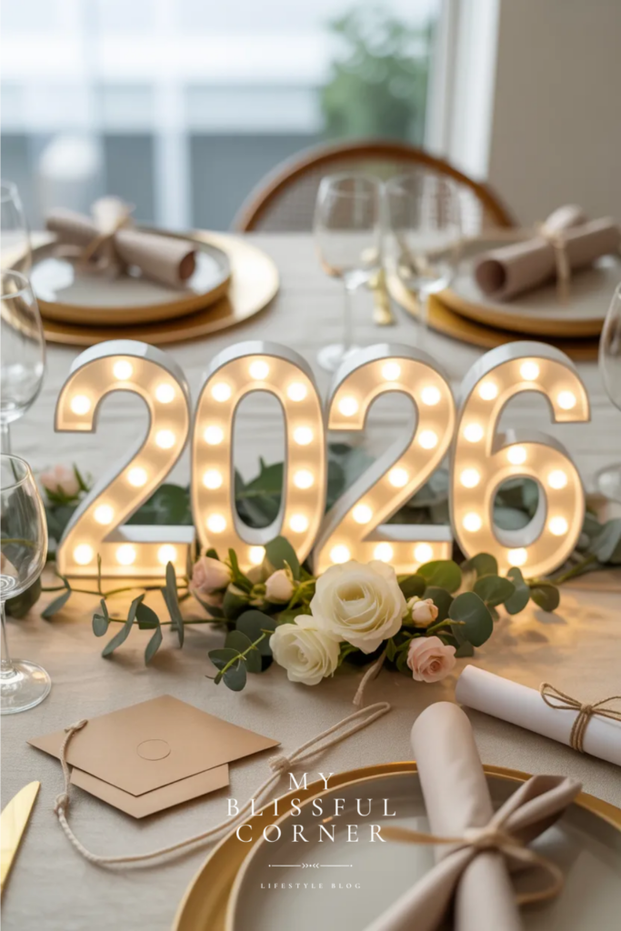 Simple graduation centerpiece with illuminated 2026 numbers, white flowers, and graduation decor on a dining table