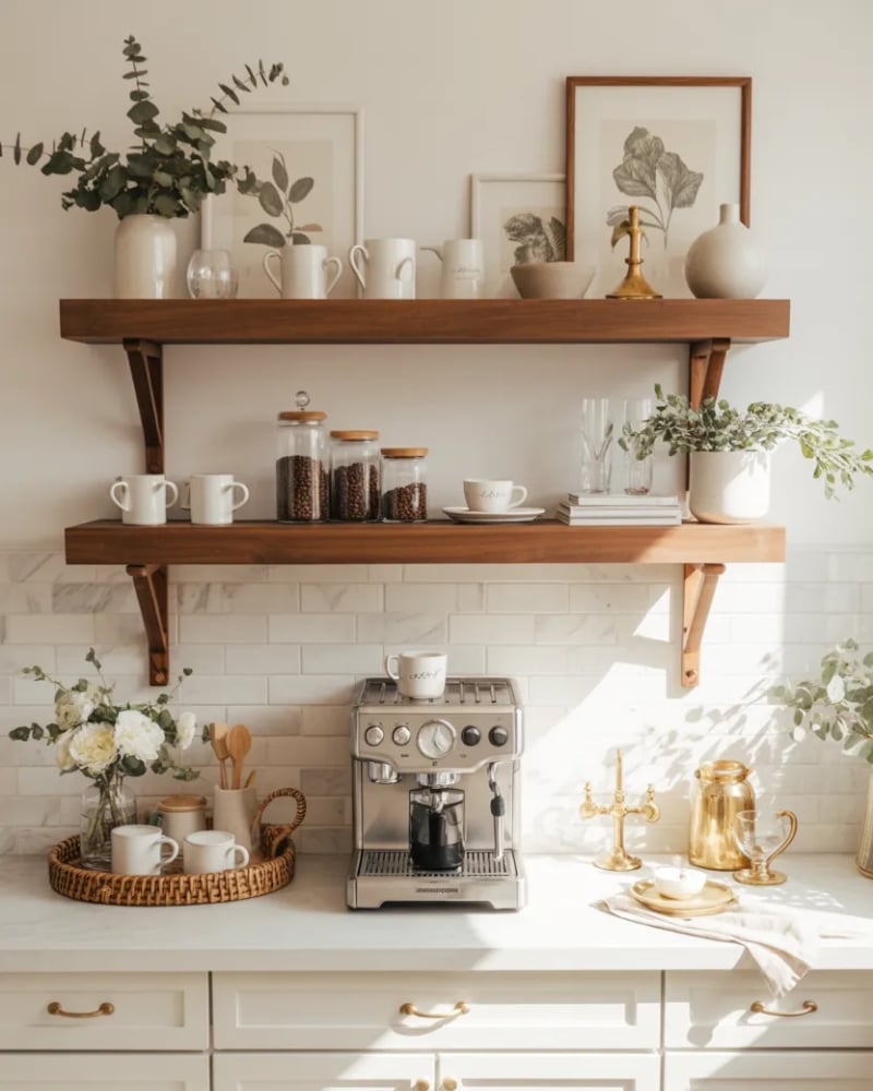 cozy coffee bar setup with wooden shelves, mugs, jars and neutral decor