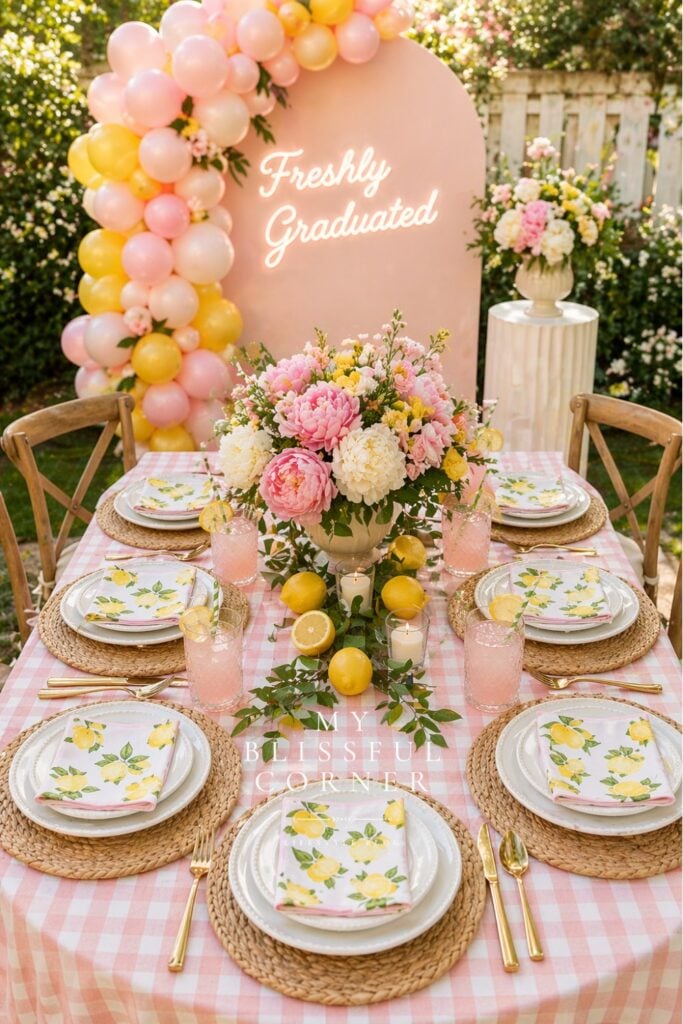 Freshly Graduated graduation party tablescape with pink gingham tablecloth, lemon napkins, floral centerpiece, balloon backdrop, and pastel outdoor decor