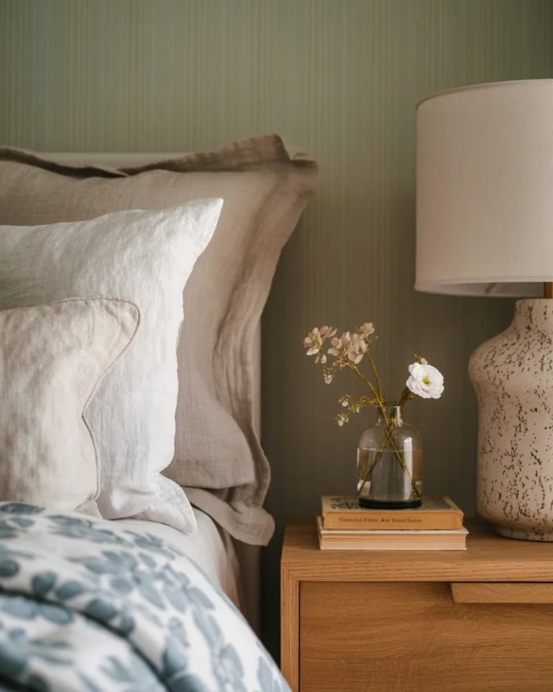 studio mcgee inspired bedroom with blue floral bedding, wood nightstand, ceramic lamp and neutral layered pillows