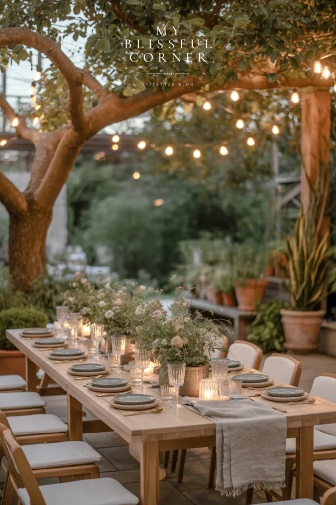 Outdoor backyard dinner party table with string lights overhead, candles, greenery centerpiece and neutral place settings for a summer BBQ party