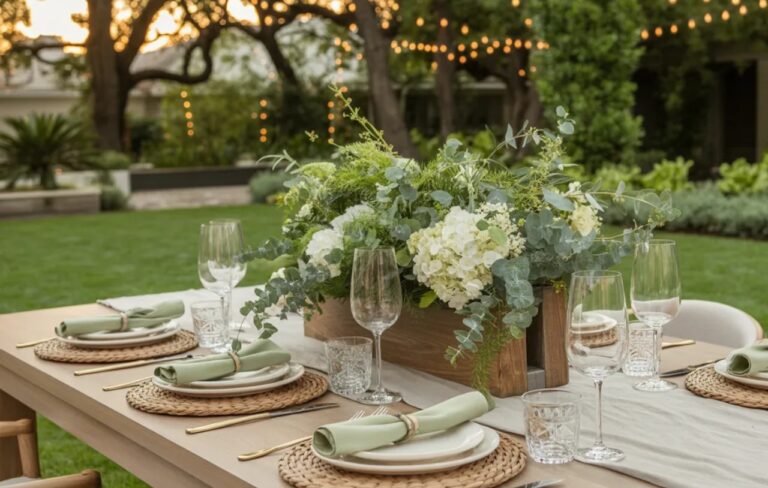 Styled backyard BBQ party table with white plates, wicker placemats, greenery centerpiece and string lights in background