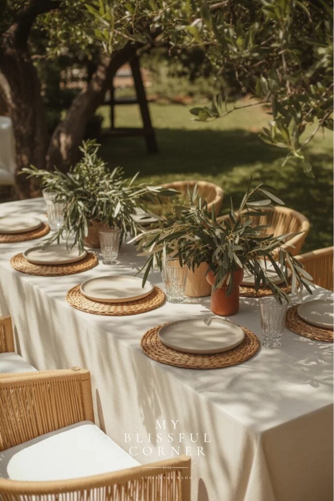 Backyard dinner party ideas with elegant white tablecloth, wicker chargers, greenery centerpiece and outdoor garden setting
