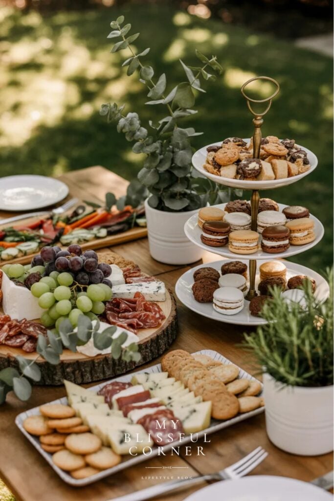 Backyard BBQ party food table with charcuterie board, tiered dessert stand and fresh greenery on a wooden table