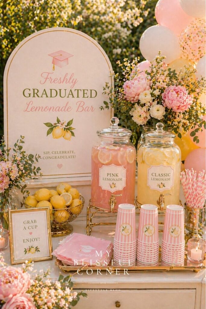 Freshly Graduated lemonade bar with pink lemonade, classic lemonade, lemons, blush florals, pastel balloons, and outdoor graduation party decor