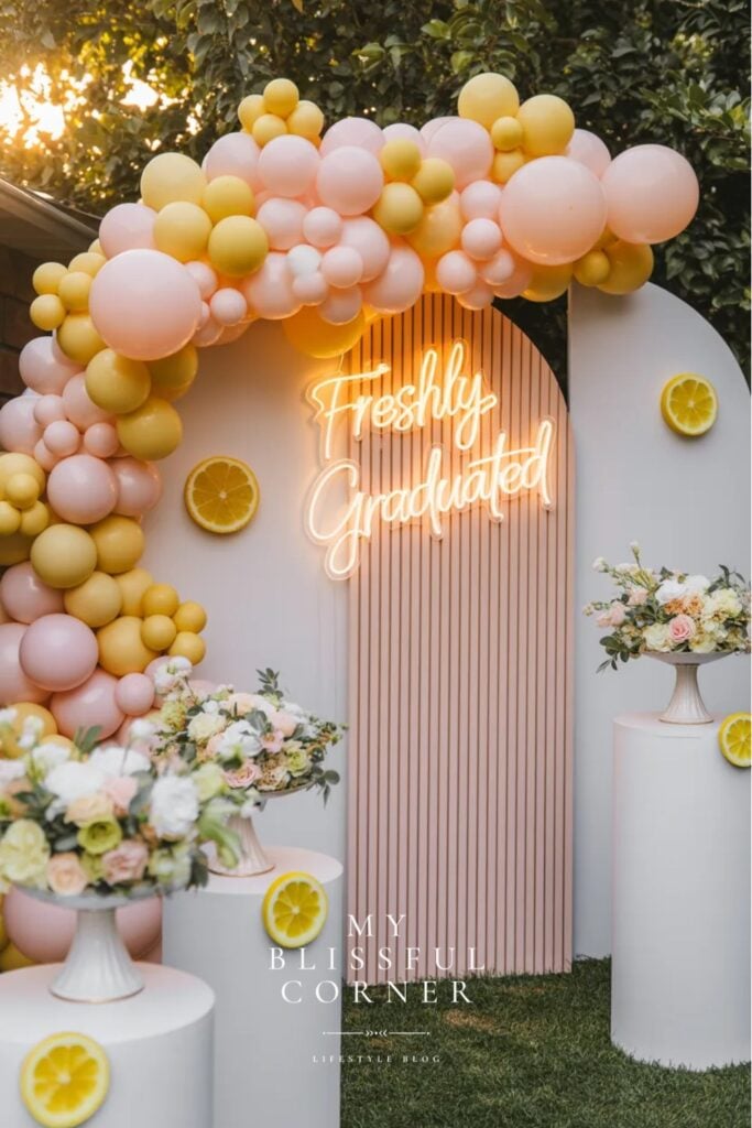 Freshly Graduated graduation photo booth backdrop with pink and yellow balloon arch, neon sign, florals, lemons, and outdoor party setup