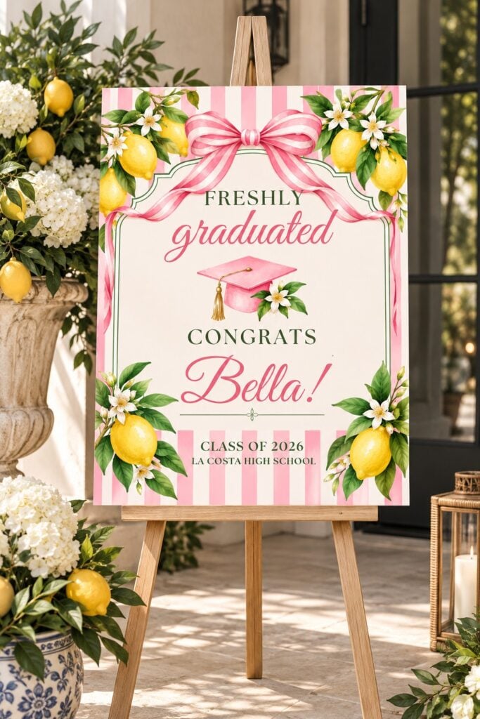 Free printable graduation sign with pink stripes, lemons, and a personalized graduate name displayed on a wooden easel for a graduation party