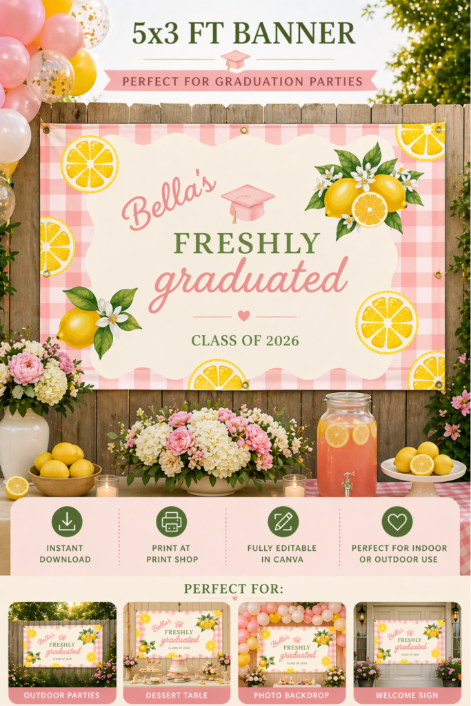 Freshly Graduated editable 5x3 graduation party banner with pink gingham design, lemon theme, outdoor party setup, and personalized celebration decor