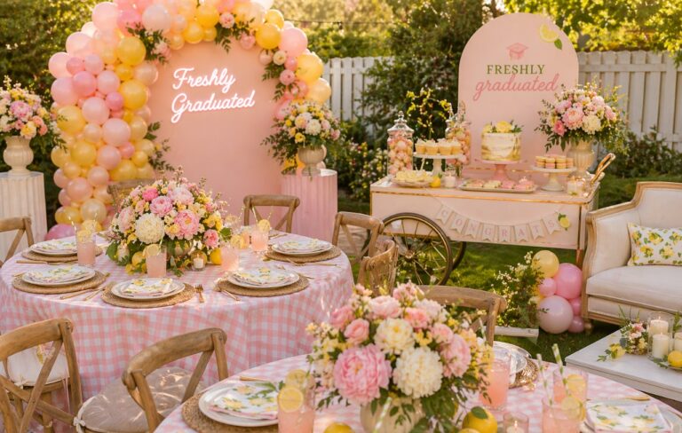 Freshly Graduated theme graduation party setup with pink and yellow balloon garland, dessert table, floral centerpieces, and lemon-inspired decor outdoors