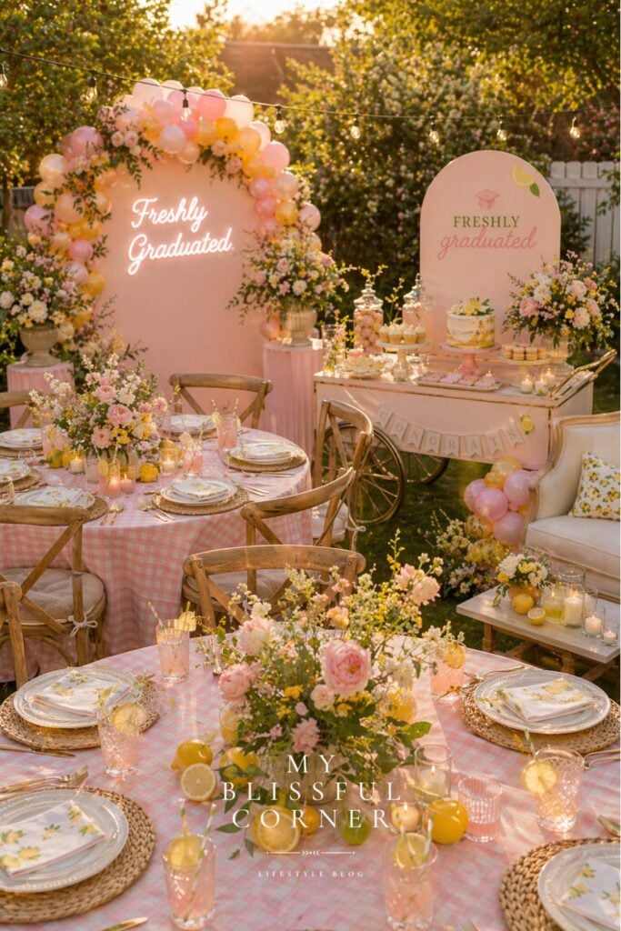 Freshly Graduated outdoor graduation party setup with pink gingham tables, floral centerpieces, dessert cart, balloon backdrops, and pastel lemon-themed decor