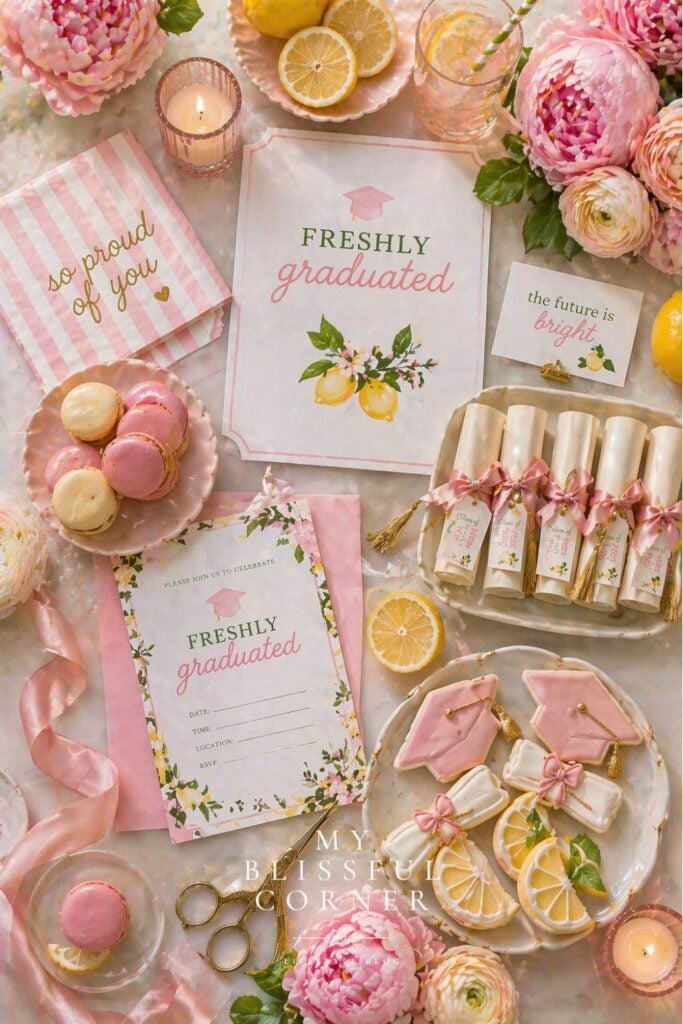 Freshly Graduated graduation party flat lay with invitations, pink macarons, lemon cookies, ribbons, candles, florals, and pastel party decor