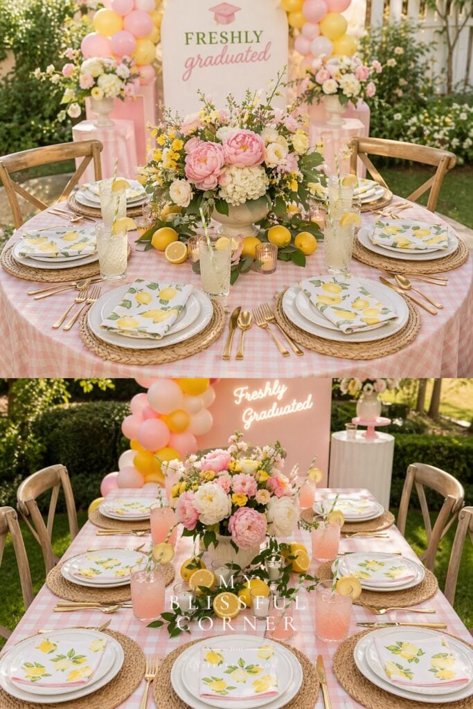 graduation party tablescape collage with pink gingham tablecloth, lemon plates, floral centerpieces, balloon backdrop, and outdoor garden decor