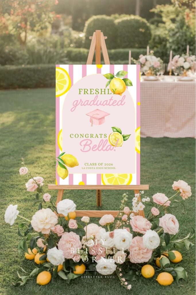 Freshly Graduated graduation welcome sign on wood easel with lemons, blush florals, and outdoor party setup in garden