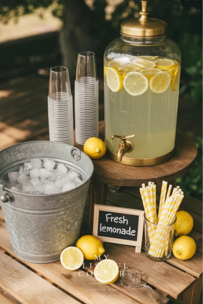 Outdoor backyard party drink station with glass lemonade dispenser, galvanized ice bucket and striped paper straws