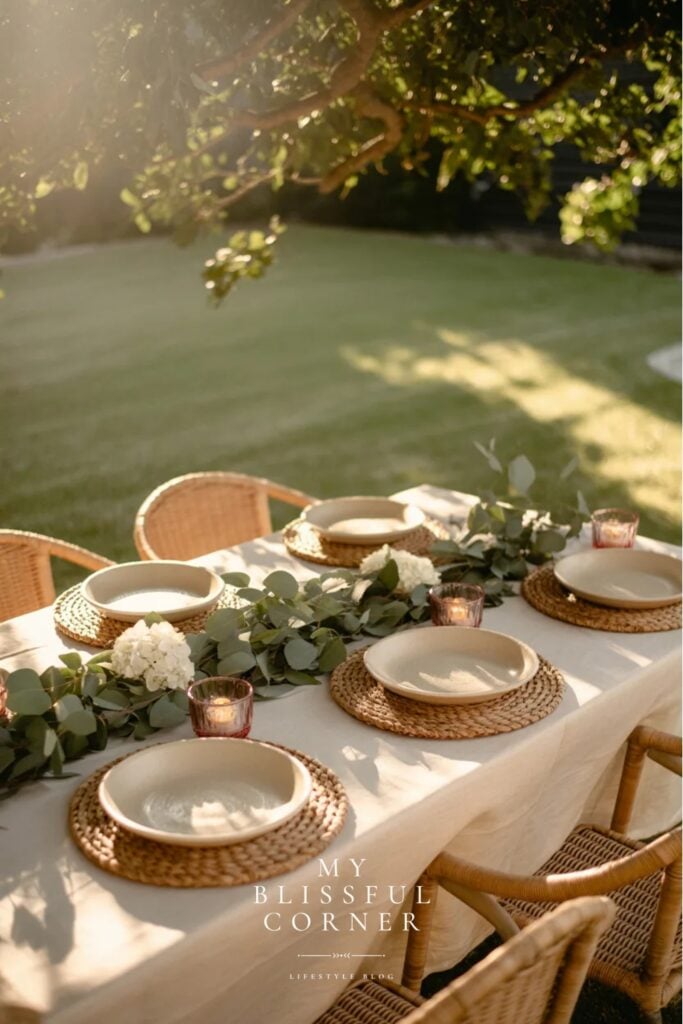 Outdoor party setup with rattan placemats, neutral plates, greenery centerpiece and garden background