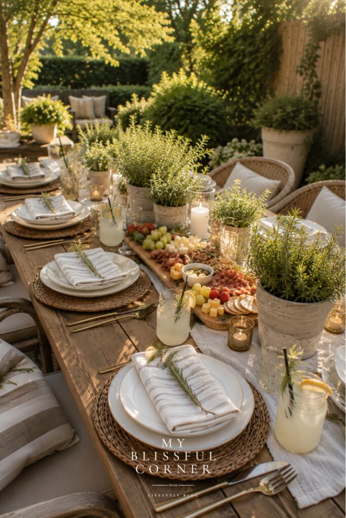 Outdoor table styling with potted herbs, striped napkins, charcuterie board, and lemonade drinks for a cozy summer backyard party.