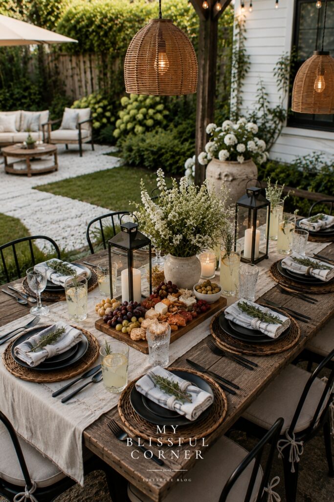 Neutral outdoor patio table decor with woven pendant lights, layered place settings, candles, and charcuterie board for outdoor entertaining inspiration.