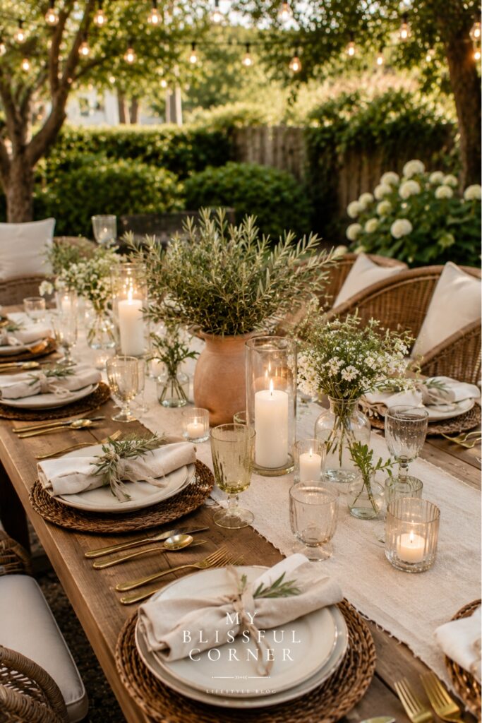 Elegant outdoor tablescape with candles, floral centerpieces, woven placemats, and warm string lights for backyard hosting ideas.