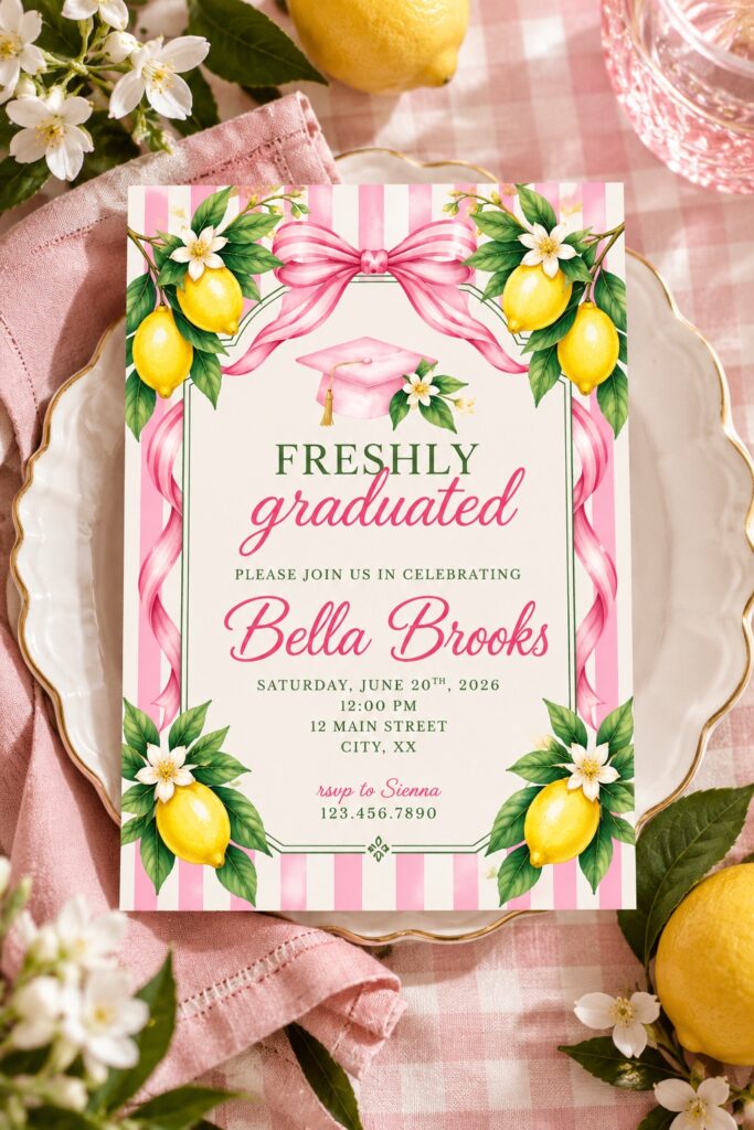 Free editable graduation invitation template with pink stripes, watercolor lemons, green accents, and a pink bow for a feminine graduation party.