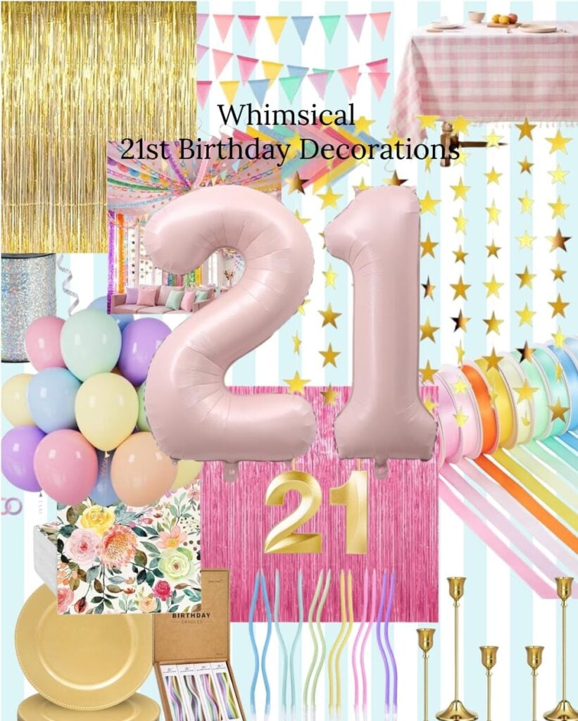 Whimsical 21st birthday decorations collage including rose gold number balloons, pastel balloons, gold tinsel, ribbon, and spiral candles.