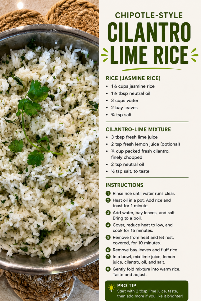 Chipotle cilantro lime rice copycat recipe card with jasmine rice, fresh cilantro, lime juice, ingredients list, and easy step-by-step instructions.