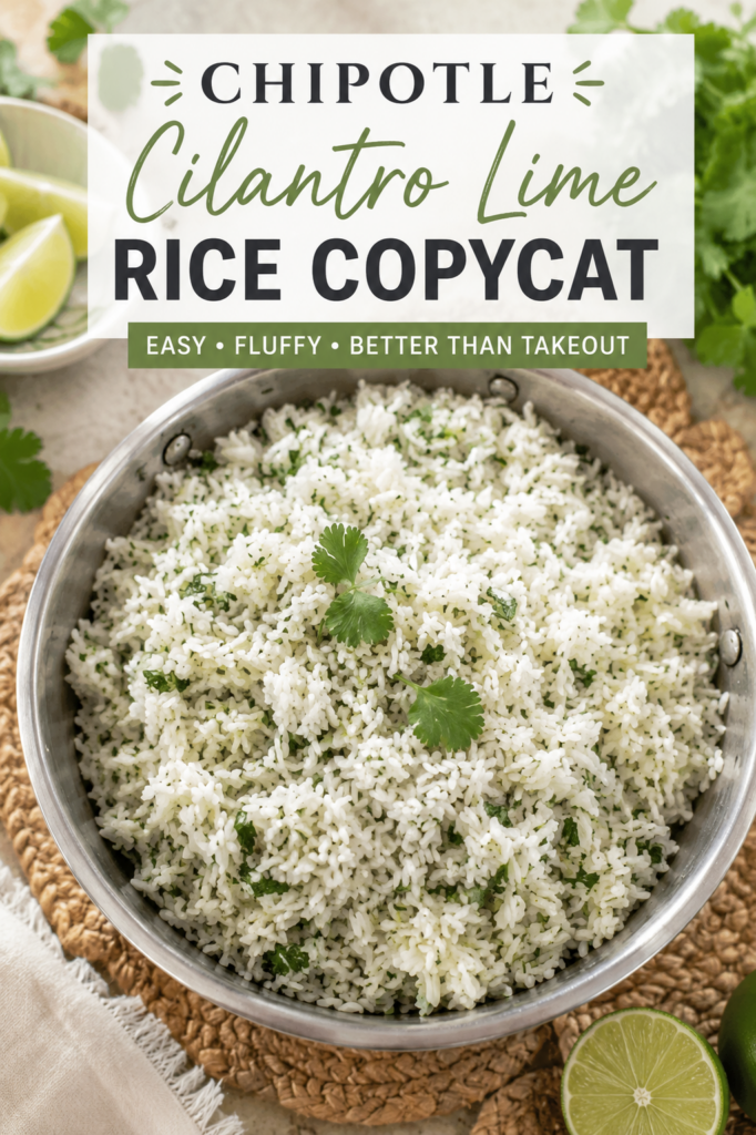 Homemade Chipotle cilantro lime rice copycat recipe made with fluffy jasmine rice, fresh cilantro, lime juice, and sea salt served in a stainless steel bowl.