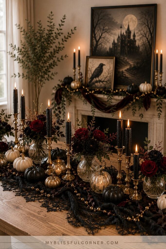 adult Halloween party tablescape with black candles, burgundy florals, and gold accents
