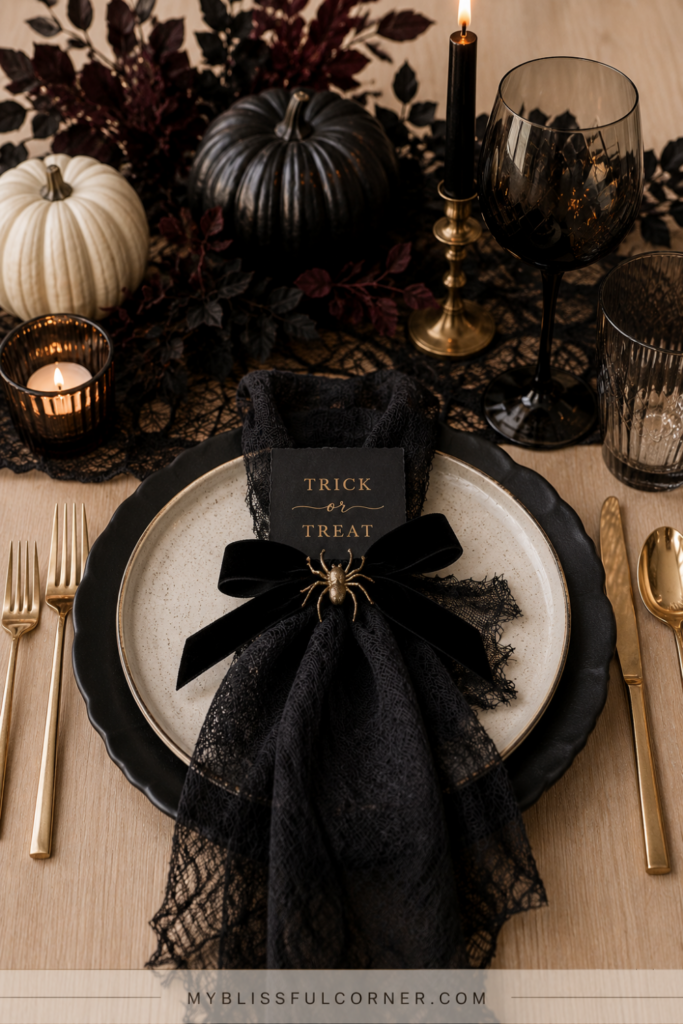 elegant Halloween place setting with black lace and gold accents