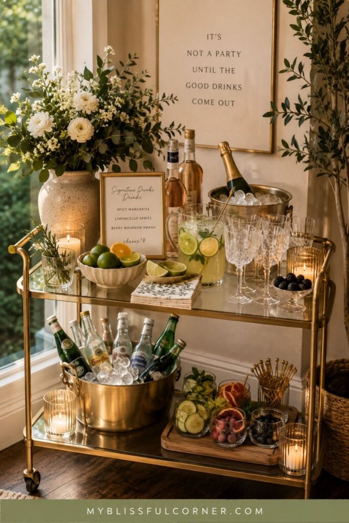 Gold party bar cart styled with signature drinks, cocktail glasses, champagne, fresh citrus, flowers and candles.
