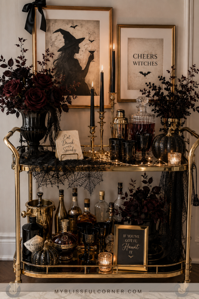 styled Halloween bar cart with candles and glasswareSection: Bar Area Styling