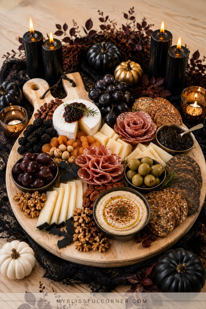 Halloween charcuterie board with dark fruits and cheeseSection: Adult Halloween Party Food