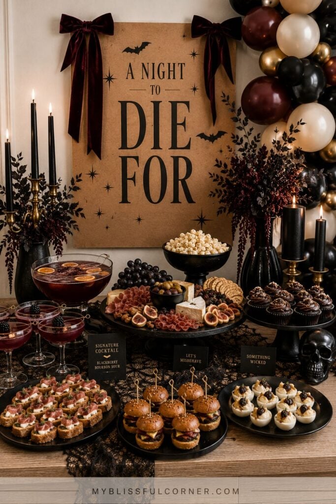 Elegant adult Halloween party food table with charcuterie, mini sliders, deviled eggs, cupcakes, blackberry cocktails, black lace, burgundy florals, candles, and gold accents.