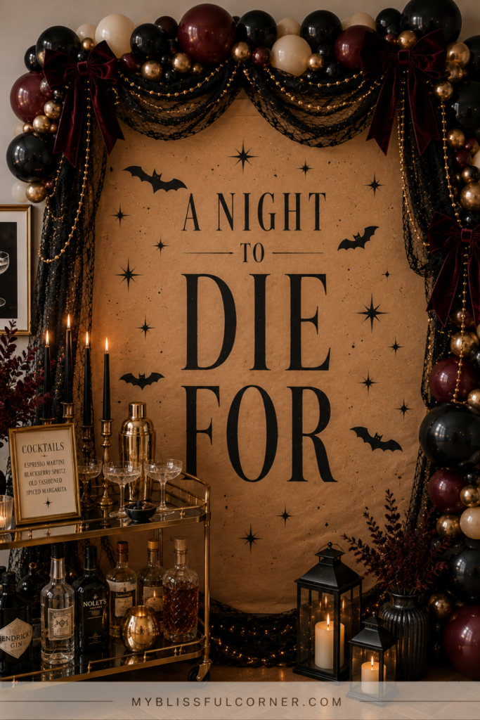 Halloween party welcome sign with black and gold decorSection: Welcome Entrance or Photo Backdrop