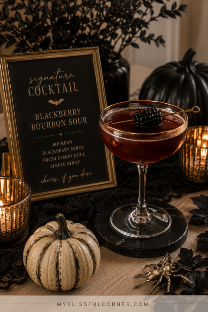 signature Halloween cocktail with blackberry bourbon sour