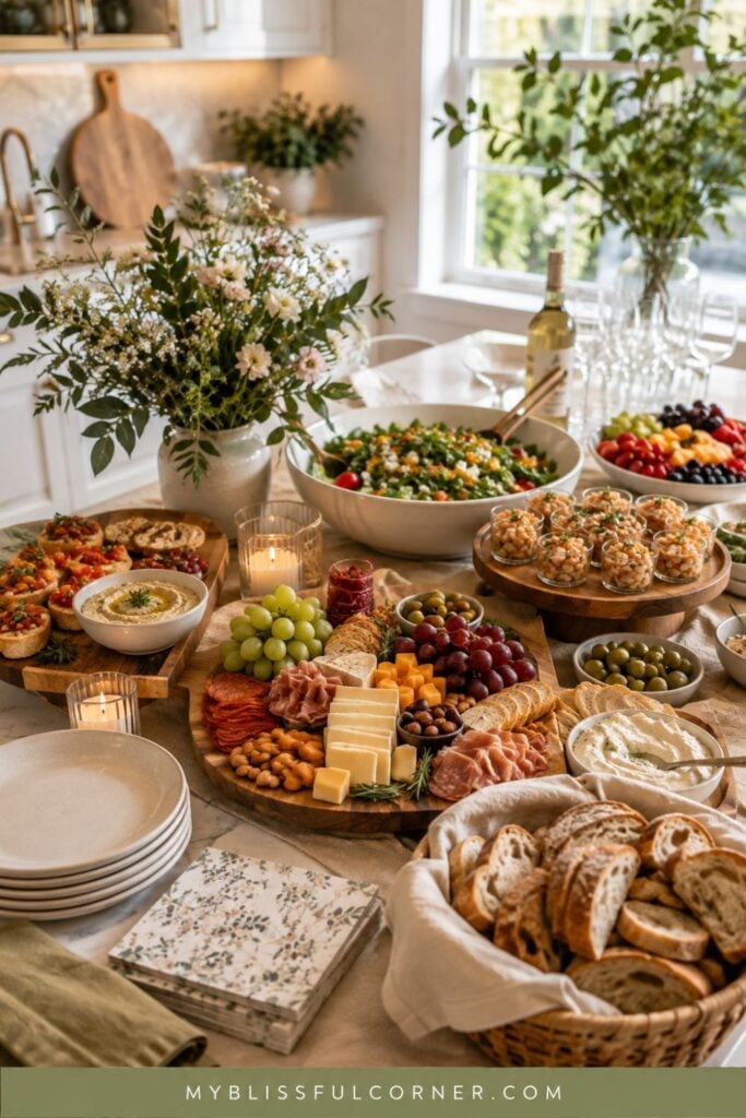 Casual party food table with charcuterie, appetizers, salads, bread, flowers and simple serving ideas for entertaining at home.